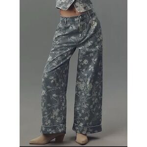 Anthropologie Pilcro Leon Jean Double Hem High Rise Wide Leg Cuffed Floral 32 14